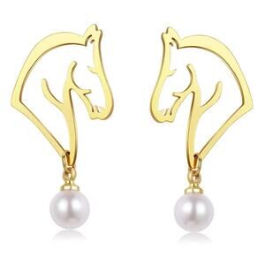 Gold Horse Silhouette Pearl Earrings